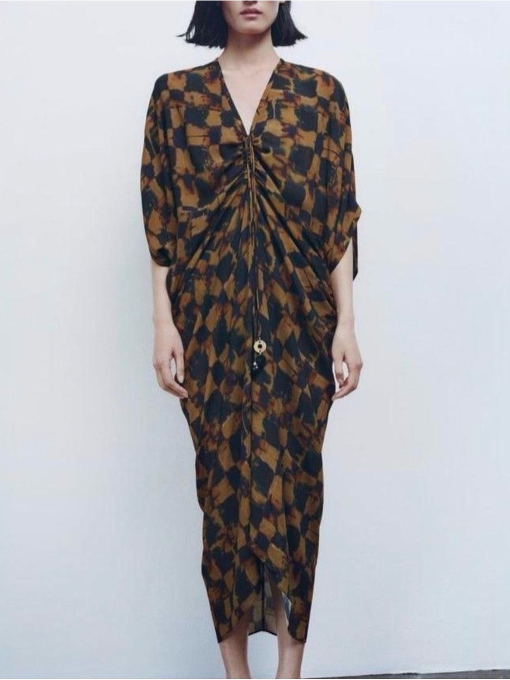NWT Zara Sz M-L Kaftan Maxi Dress Brown and Black Ruched Front Tie Dye Checker